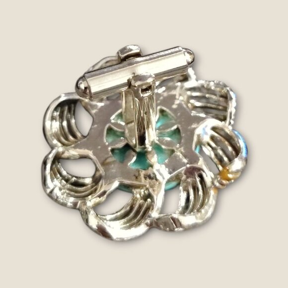 Vintage Estate  Turquoise Colored & Silver-Tone Flower Cufflinks - Picture 5 of 6